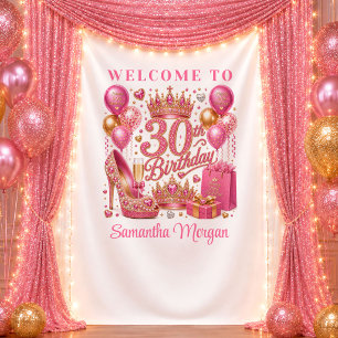 Dazzling Pink Gold Sparkle 30th Birthday Backdrop Tapestry