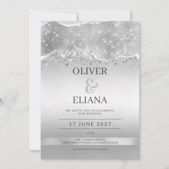 Dazzling sparkle silver glitter Wedding Invitation (Front)