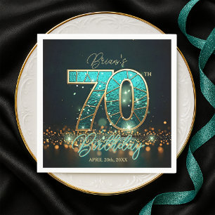 Dazzling Teal Mosaic Gold Jeweled 70th Birthday Napkin