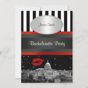 DC Skyline Blk Wht Strp Red Kiss Bachelorette Invitation