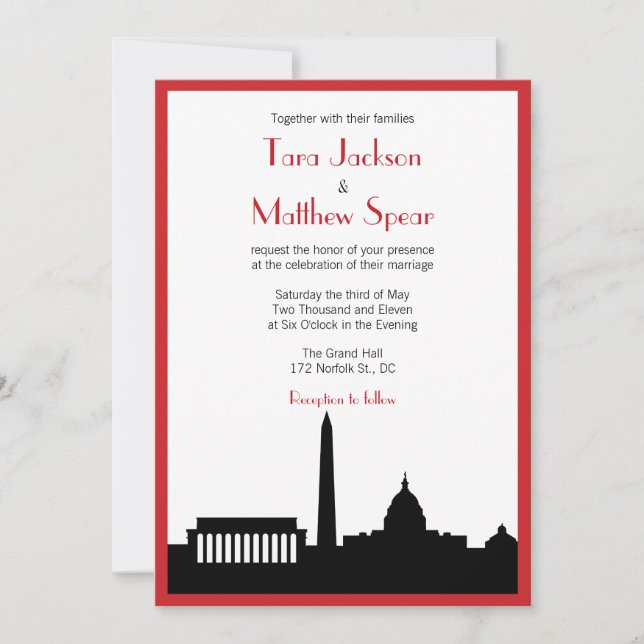 DC Skyline Wedding Invitation - Red (Front)