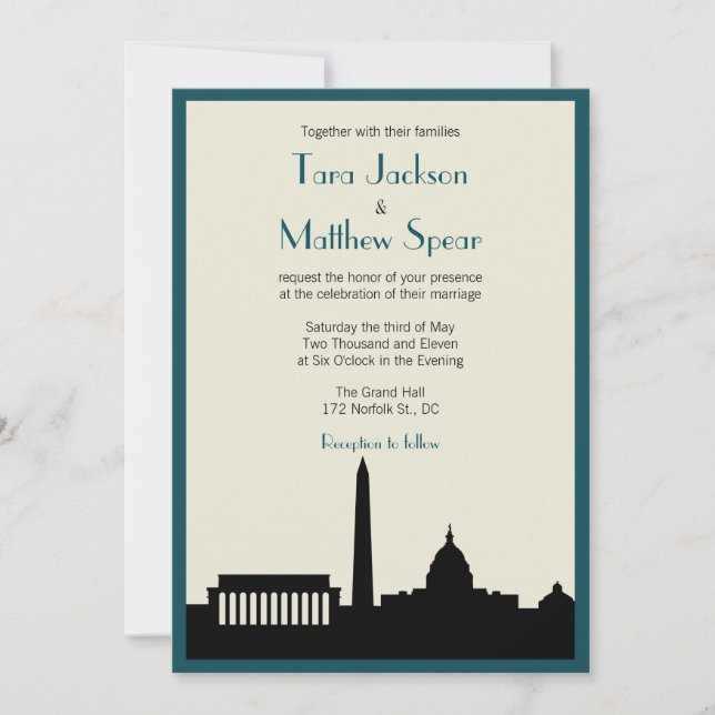 DC Skyline Wedding Invitation - Teal / Ivory (Front)