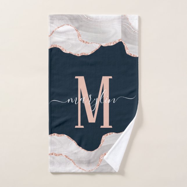 DC WHITE & ROSE GOLD BLACK FOGRA AGATE MONOGRAM HAND TOWEL (Hand Towel)