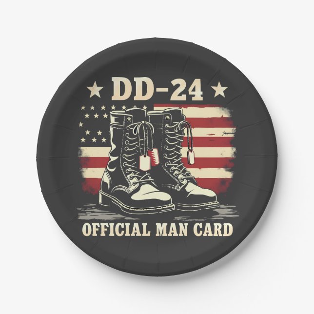 DD 24 Official Man Card American Veteran Day Flag Paper Plate (Front)