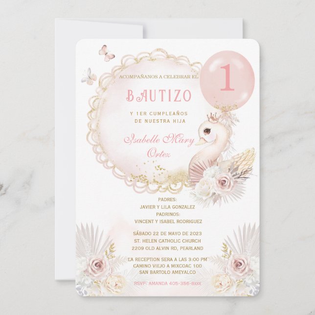 de Bautizo Y Primer Añito Cisne Invitation (Front)