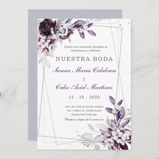 de Boda Púrpura y Lavanda Plateada Invitation (Front/Back)