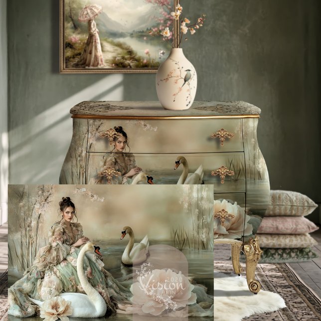De bonne grâce Bouffant Portrait & Swan Tissue Paper (De bonne grâce Elegant Bouffant Portrait Lady & Swan Ethereal Lake Fantasy & Floral decoupage paper.)