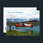 De Havilland Beaver Floatplane Postcard<br><div class="desc">A bush pilot stands near his de Havilland Canada DHC-2 Beaver floatplane on the shore of a lake in the far north; mountains and trees are in the distance. Customise by adding your own text. This image was derived,  in part,  from a US Fish and Wildlife Service photo.</div>