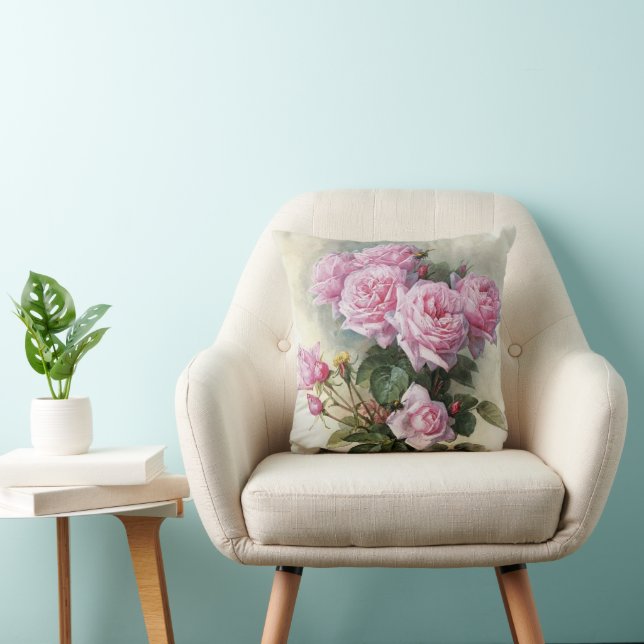 De Longpre Pink Roses Bumblebees 1899 Cushion (Chair)