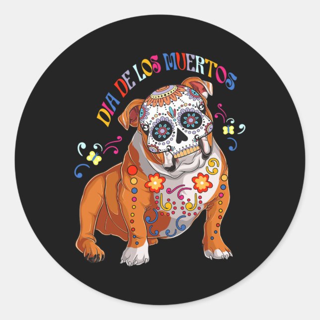 De Los Muertos English Bulldog Floral Skull Face M Classic Round Sticker (Front)