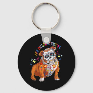 De Los Muertos English Bulldog Floral Skull Face M Key Ring