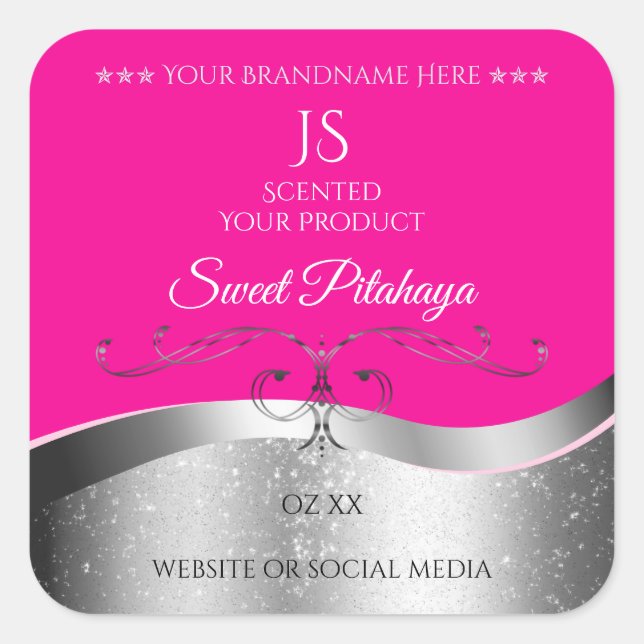 De Luxe Wavy Silver Decor Hot Pink Monogram Label (Front)