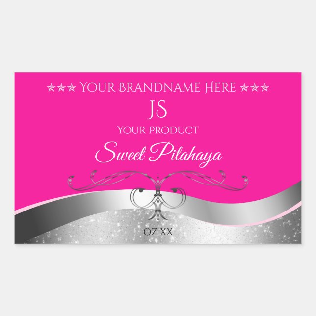 De Luxe Wavy Silver Decor Hot Pink Monogram Label (Front)