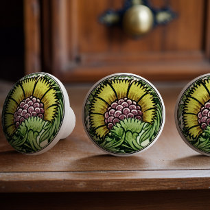 De Morgan BBB Pattern Vintage Green & Yellow Ceramic Knob