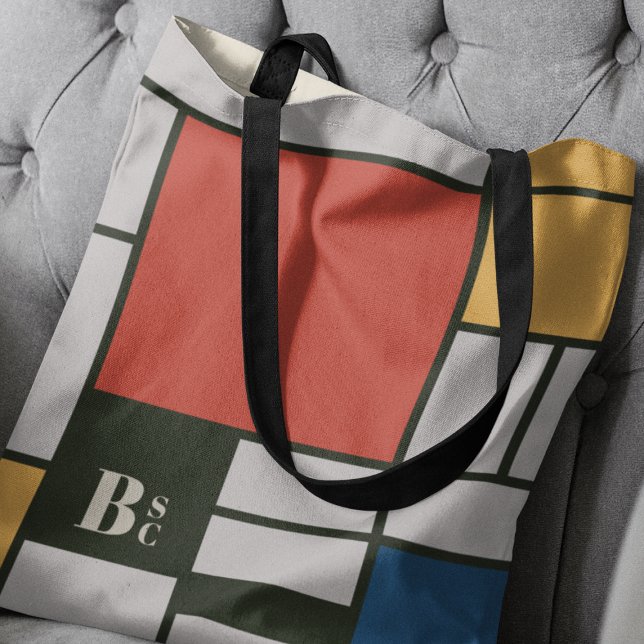 De Stijl Inspired Primary Coloured Squares Monogra Tote Bag (Creator Uploaded)