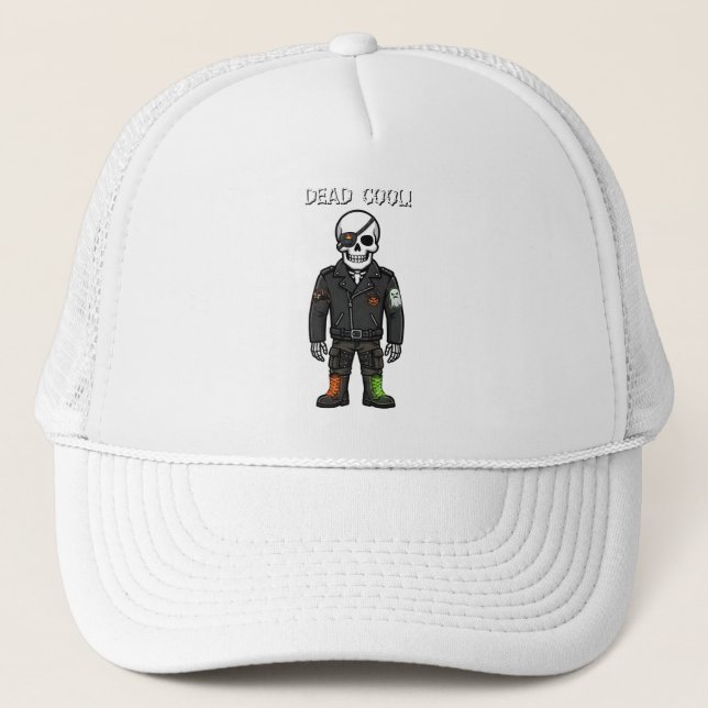 Dead Cool Skeleton Biker | Halloween Trucker Hat (Front)