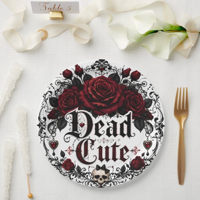 Dead Cute Red Rose Gothic Romance Halloween Paper Plate (Wedding)