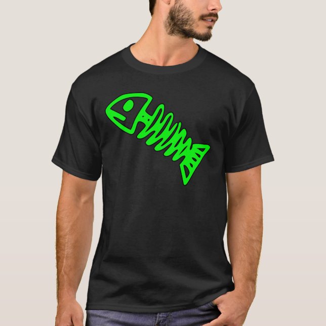 Dead Fish Skeleton Skull Bones Fossil Green T-Shirt (Front)