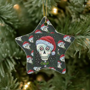 DEAD HEAD SANTA SKULL, CHRISTMAS SKELETON HUMOR CERAMIC TREE DECORATION