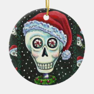 DEAD HEAD SANTA SKULL, CHRISTMAS SKELETON HUMOR CERAMIC TREE DECORATION