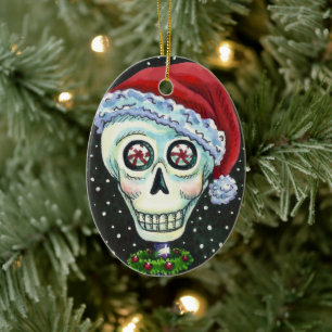 DEAD HEAD SANTA SKULL, CHRISTMAS SKELETON HUMOR CERAMIC TREE DECORATION