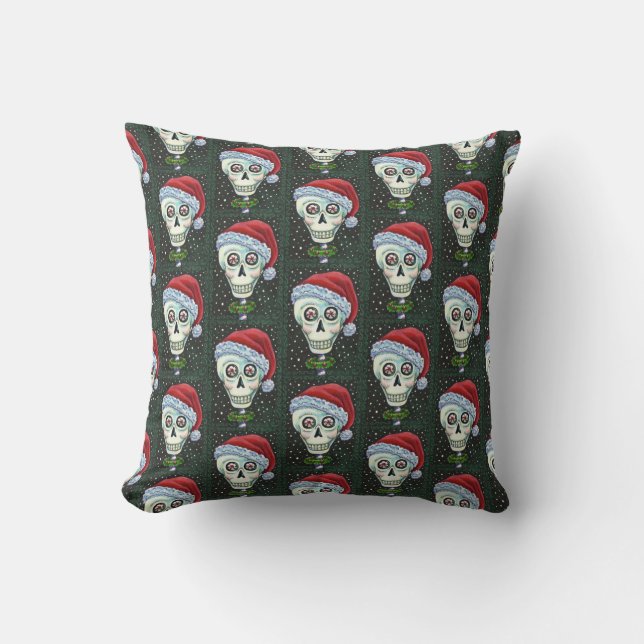 DEAD HEAD SANTA SKULL, CHRISTMAS SKELETON HUMOR CUSHION (Front)