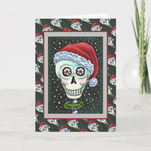 DEAD HEAD SANTA SKULL, CHRISTMAS SKELETON HUMOR HOLIDAY CARD (Front)