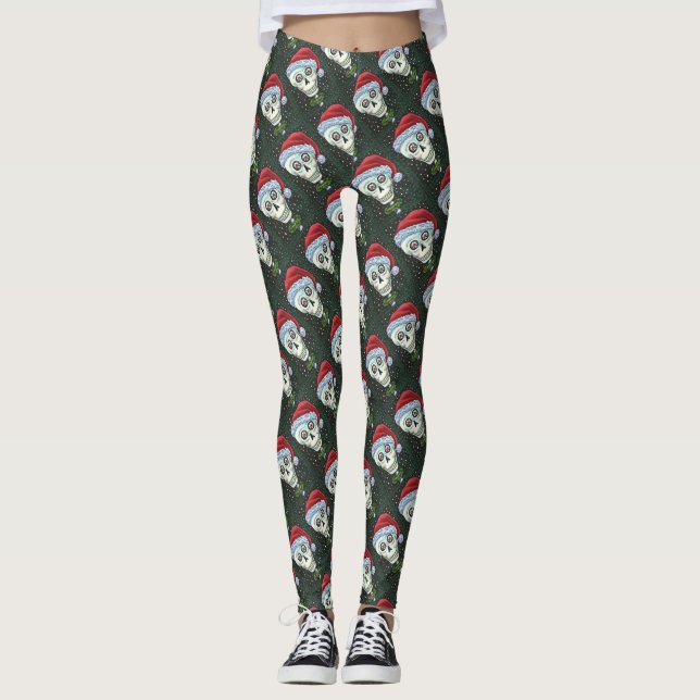 DEAD HEAD SANTA SKULL, CHRISTMAS SKELETON HUMOR LEGGINGS (Front)