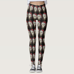 DEAD HEAD SANTA SKULL, CHRISTMAS SKELETON HUMOR LEGGINGS