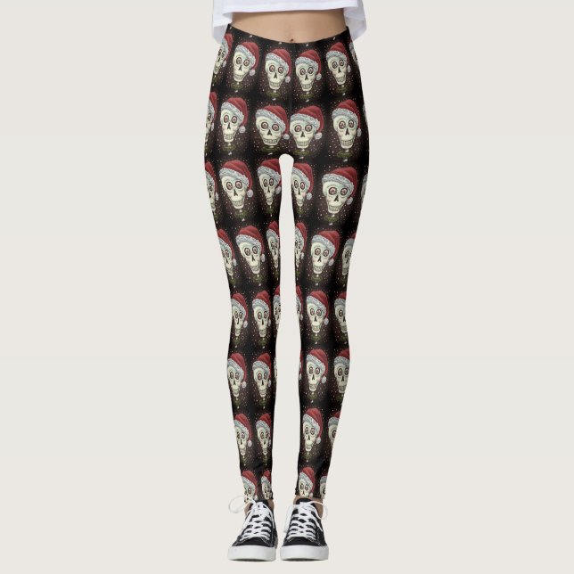 DEAD HEAD SANTA SKULL, CHRISTMAS SKELETON HUMOR LEGGINGS (Front)