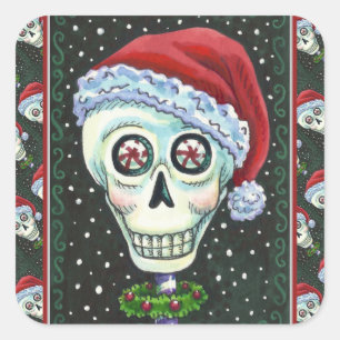 DEAD HEAD SANTA SKULL, CHRISTMAS SKELETON HUMOR SQUARE STICKER