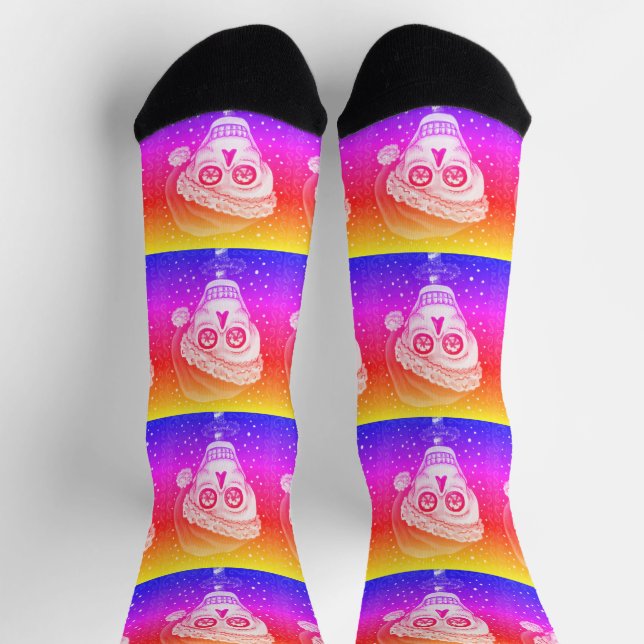 DEAD HEAD SANTA SKULL, CHRISTMAS SKELETON RAINBOW SOCKS (Top)