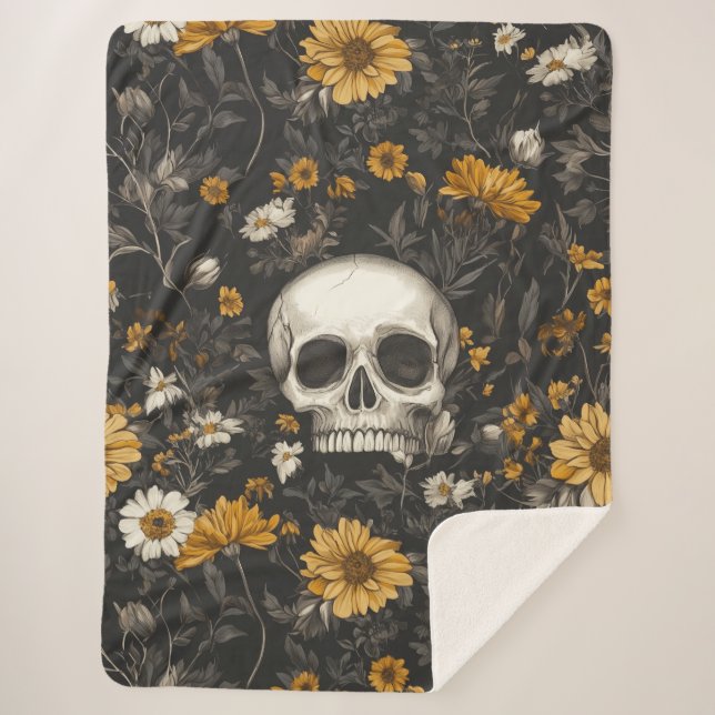 dead head with flowers sherpa blanket (Front)