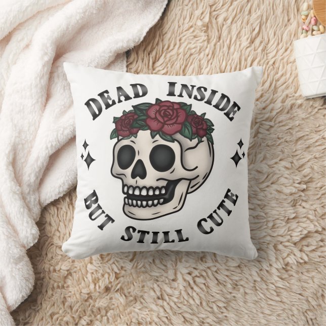 Dead Inside But Still Cute Skull Floral Goth Throw Cushion (Blanket)