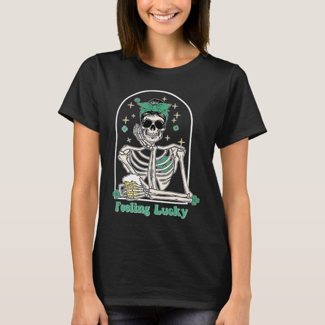 Dead Inside Feeling Lucky Skeleton Shamrocks Patri T-Shirt (Front)