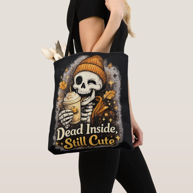 Dead Inside Still Cute Skeleton Pumpkin Spice Tote Bag (Close Up)