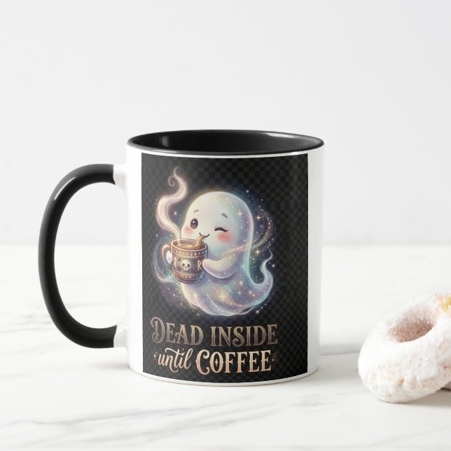 Dead Inside Until Coffee Cute Ghost Mug (With Donut)