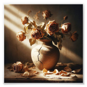 Dead roses In vase vintage style still life photo Print