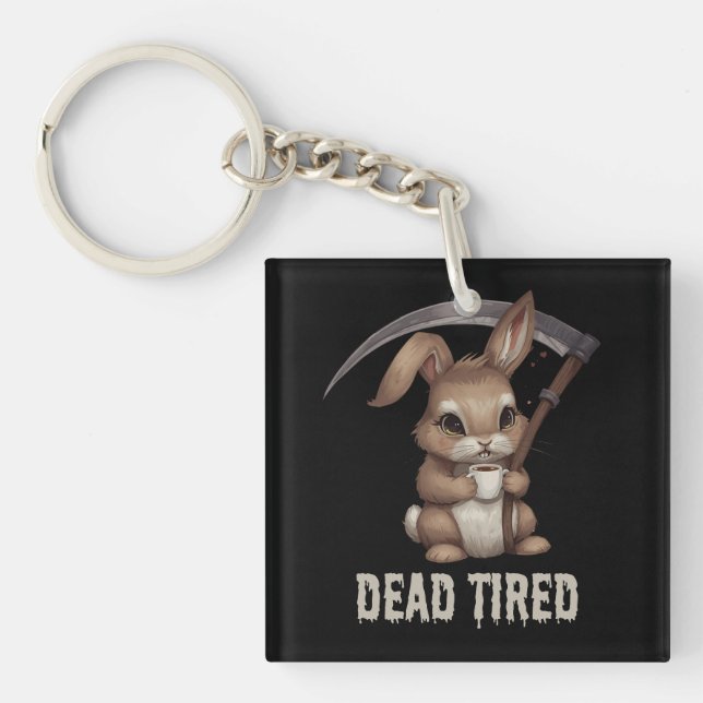 Dead Tired Cute Bunny Grim Reaper Coffee Key Ring (Front)