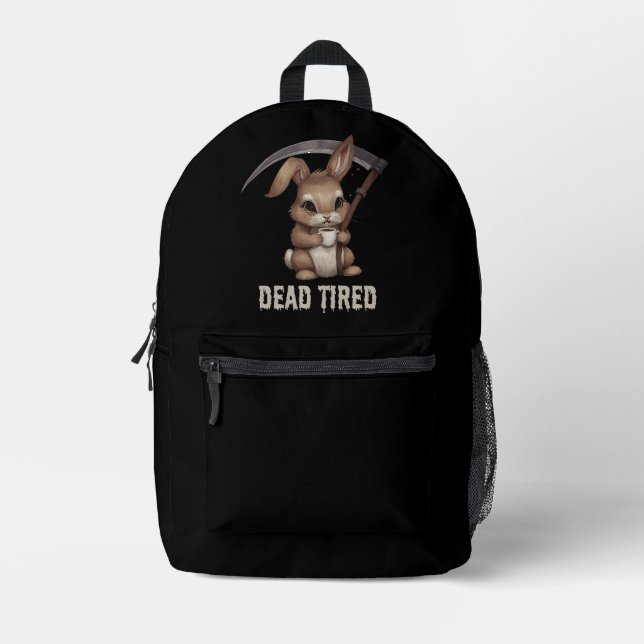 Dead Tired Cute Bunny Grim Reaper Coffee Printed Backpack (Front)