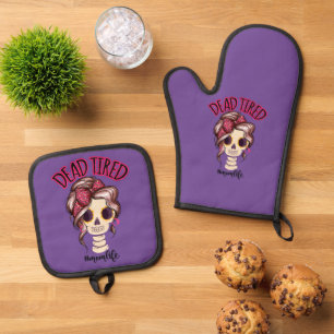 Dead Tired Mum Life Skeleton Messy Bun Bandanna Oven Mitt & Pot Holder Set