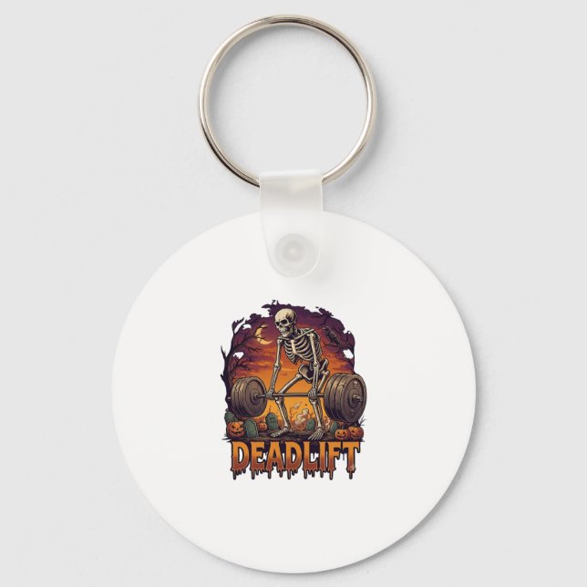 Deadlift Skeleton Barbell Halloween Pumpkins Grave Key Ring (Front)