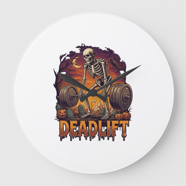 Deadlift Skeleton Barbell Halloween Pumpkins Grave Large Clock (Front)
