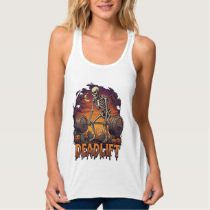 Deadlift Skeleton Barbell Halloween Pumpkins Grave Singlet