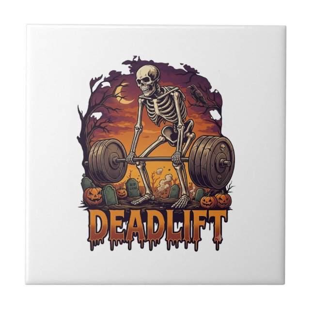 Deadlift Skeleton Barbell Halloween Pumpkins Grave Tile (Front)