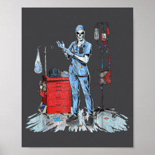 Deadside Nurse Blue Scrubs Funny Skeleton Doctor M Poster