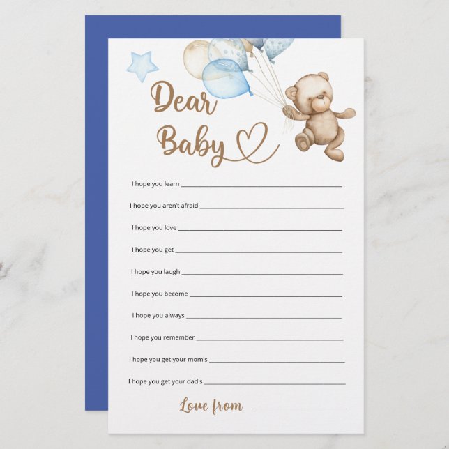 Dear Baby Teddy Bear Baby Shower (Front/Back)