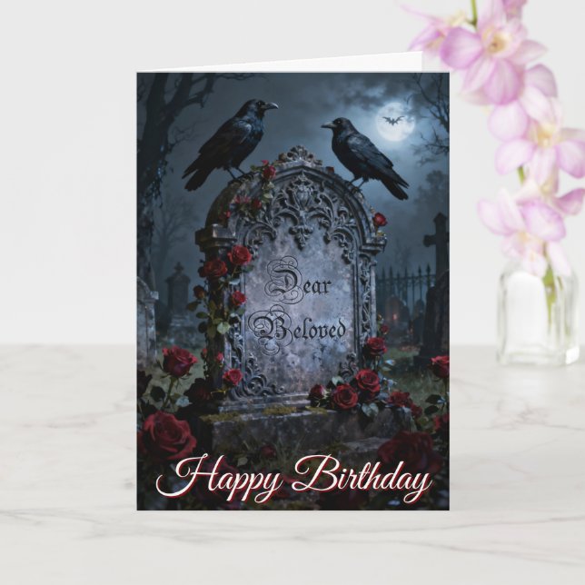 Dear Beloved Gothic Raven & Roses Graveyard Card (Orchid)
