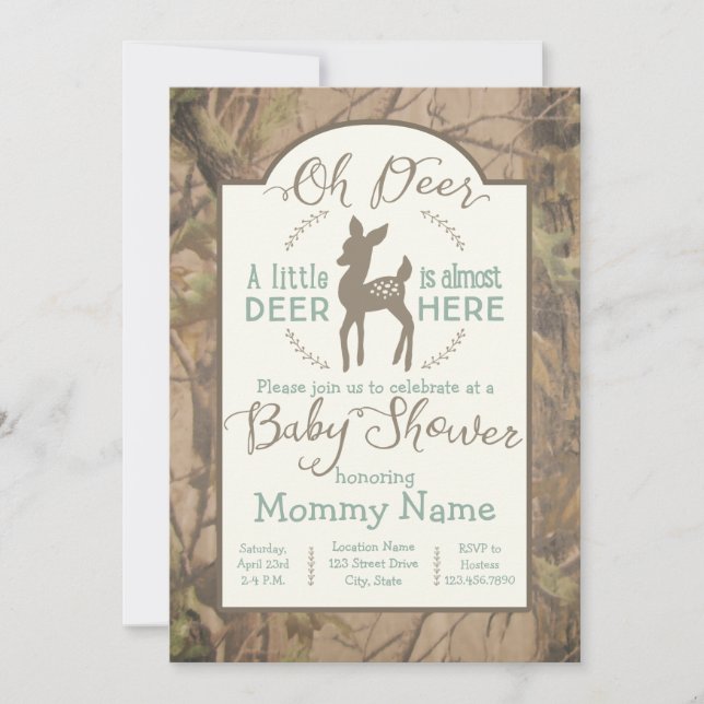 Dear little Deer baby shower invitation on camo (Front)