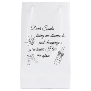Dear Santa Champagne & Diamonds Line Art Design Small Gift Bag
